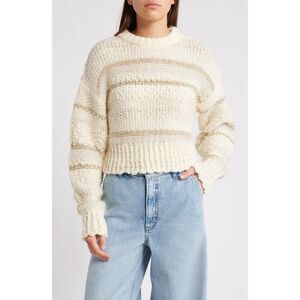 Frame Cream & Gold Striped Textured Wool Knit Sweater Size Large NWOT